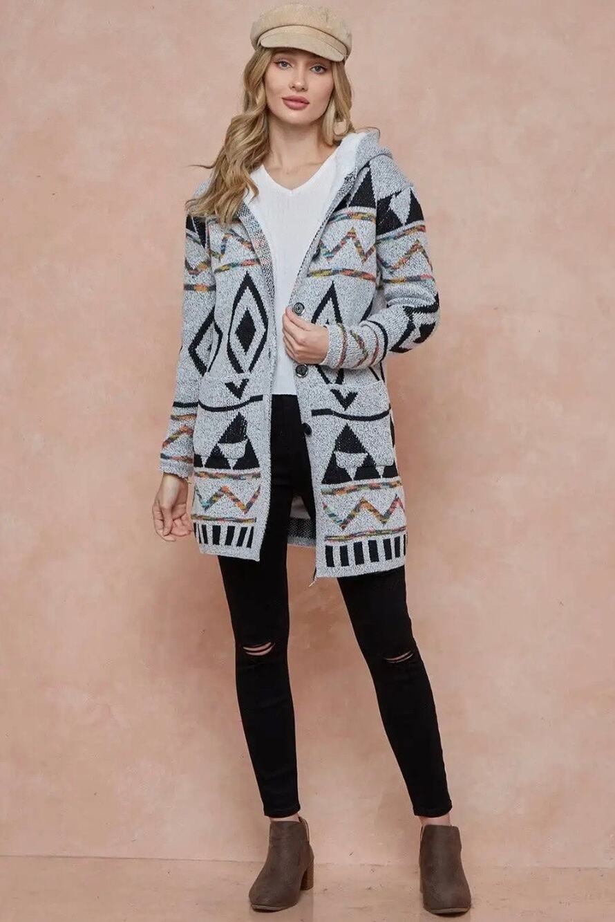 Boho Cardigan Aztec Print Longline Sweater Sherpa Lined Size L Cozy Hooded